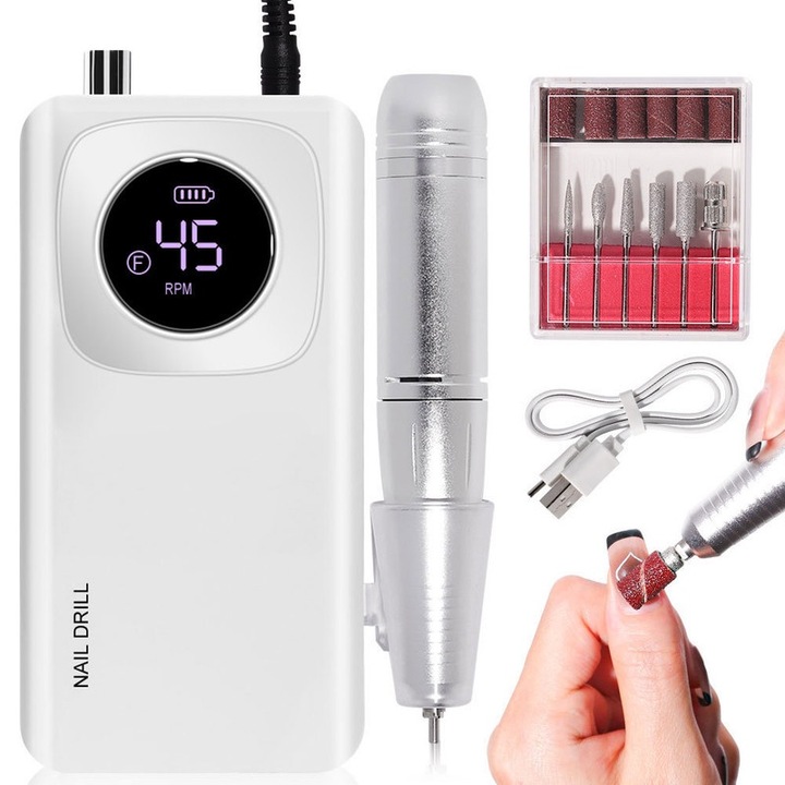 Freza unghii profesionala, ZXJDN®, Portabil, 45000 RPM, 6 capete pentru pila, 6 benzi de slefuire, design ergonomic, Display LED Directia de rotatie/Puterea ramasa/Viteza, Baterie 2000mAh, Alb
