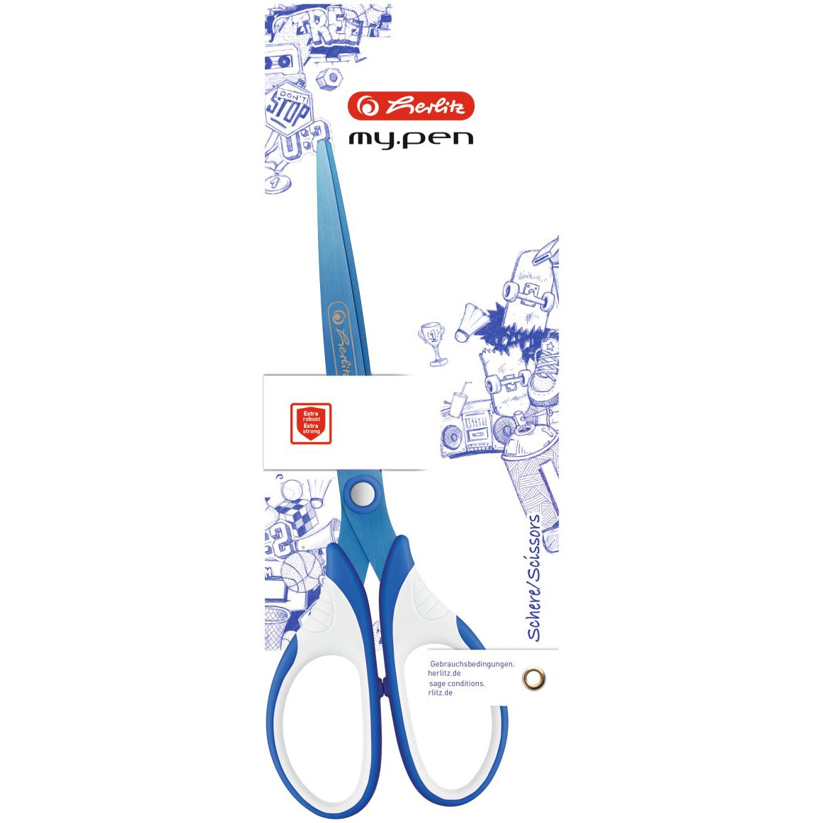 Foarfeca Herlitz, my.pen, varf ascutit, 18 cm, alb/albastru, blister