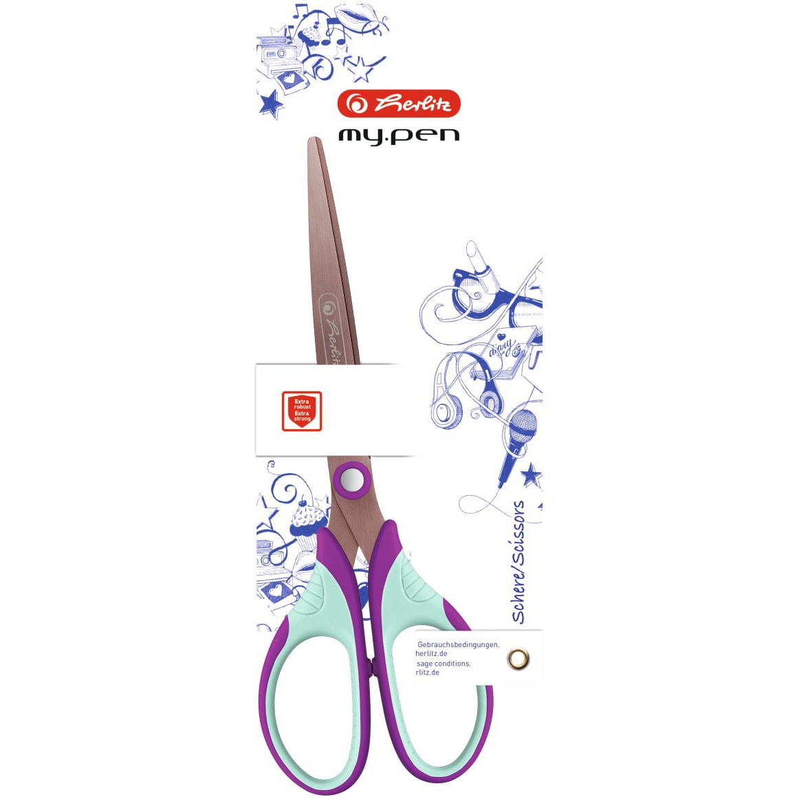 Foarfeca Herlitz, my.pen, varf ascutit, 18 cm, mov/verde, blister