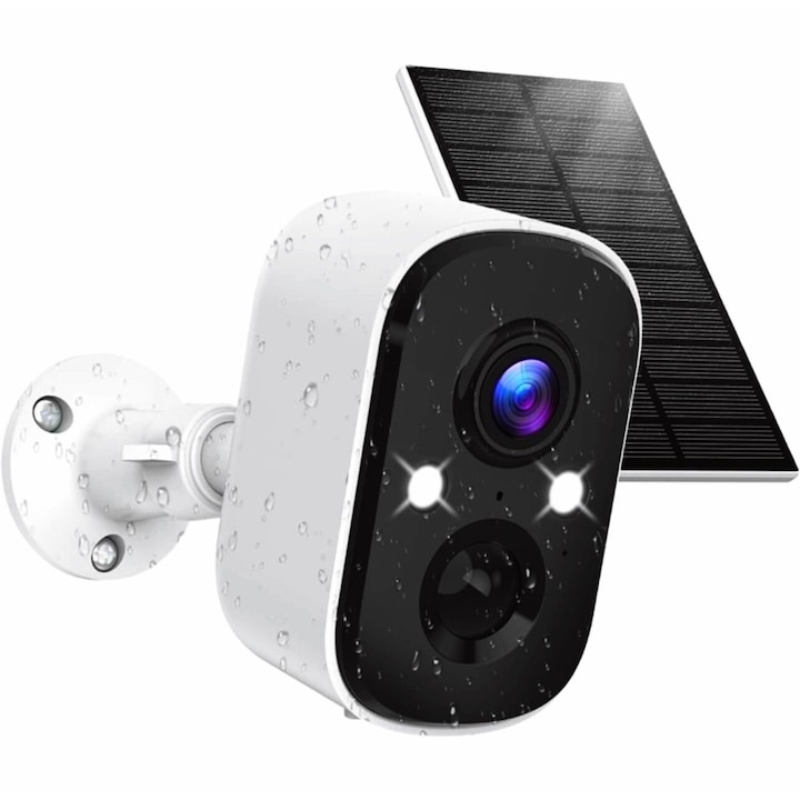 Camera de supraveghere exterior Xenomo® cu Panou Solar, 2K, HD, Baterie Reincarcabila, Nightvision Color, Comunicare Bidirectionala, Aplicatie Mobila, Senzor/Alarma miscare, Stocare card/cloud, Rezistenta la apa IP66, Culoare Alb