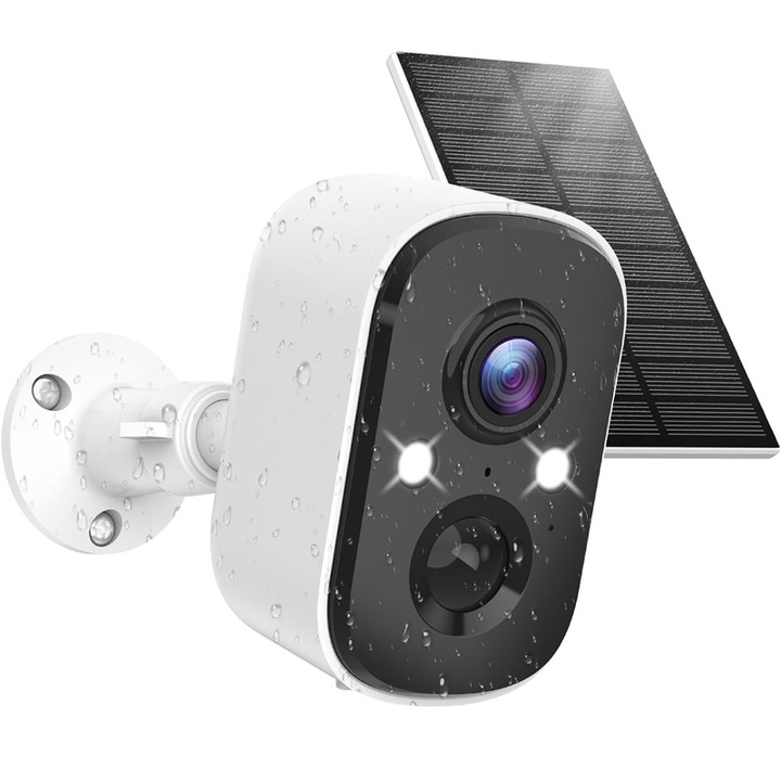 Xenomo® камера за външно наблюдение със слънчев панел, 2K, HD, акумулаторна батерия, нощно виждане цвят, двупосочна комуникация, мобилно приложение, сензор за движение/аларма, карта/облачно съхранение, водоустойчивост IP66, цвят бял