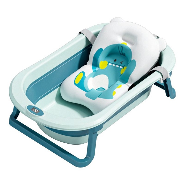 Set cadita pliabila pentru copii Little Mom Dino Green, cu pernuta bebelusi detasabila, termometru display digital incorporat, dop scurgere, picioruse antiderapante, design ergonomic,80 x 50 x 24 cm