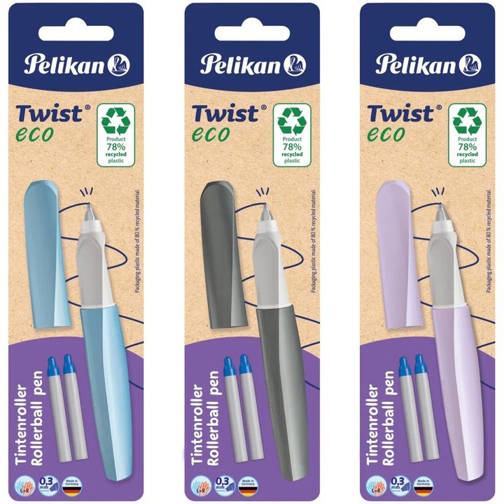 Roller Pelikan, Twist Eco, grip ergonomic, ambidextru, 2 rezerve albastre incluse, 3 culori mov deschis/albastru deschis/gri deschis, blister