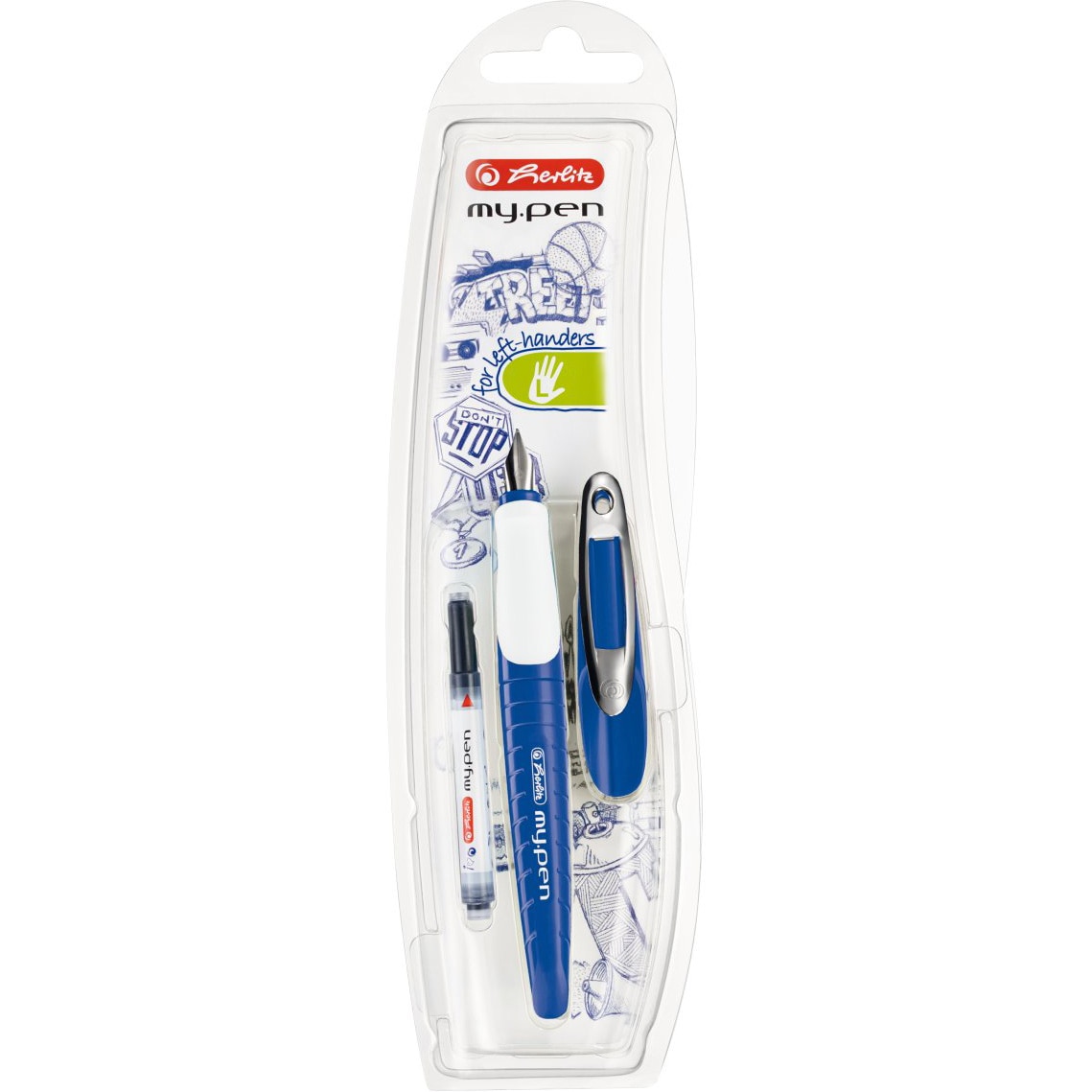 Stilou Herlitz, my.pen penita L, pentru stangaci, albastru/alb - blister