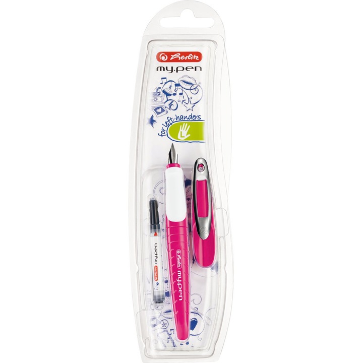 Stilou Herlitz, my.pen penita L, pentru stangaci, roz /alb - blister