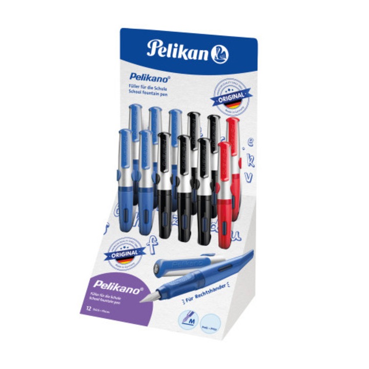 Stilou Pelikan, Pelikano, penita M, grip ergonomic, pentru dreptaci, 1 patron mare albastru inclus, culori asortate rosu/negru/albastru, display 12 buc
