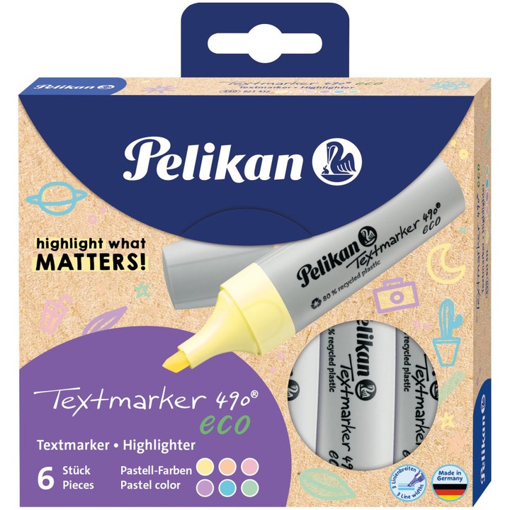 Текстмаркер Pelikan, 490 eco, Комплект 6 пастелни цвята, В картонена кутия