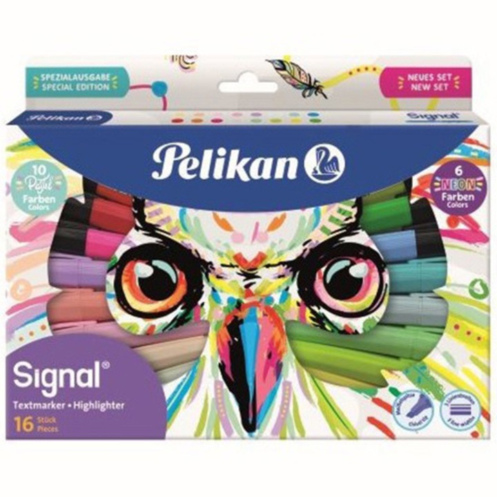 Маркери за текст Pelikan, Signal, Комплект 16 цвята (10 пастелни + 6 неонови), Блистерна кутия