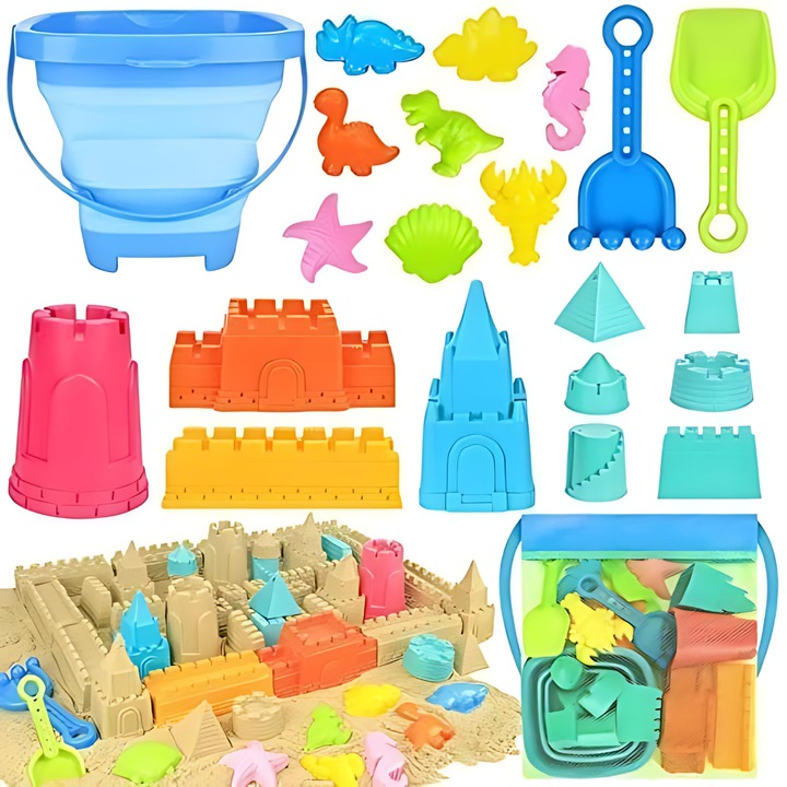 Set de jucarii de plaja pentru copii, galetusa pliabila pentru nisip, forme pentru construire castel, grebla, lopatica, geanta de transport, 22 de piese, ideal pentru activitatile din vacanta de la mare, multicolor, +3 ani, PROMERCO®