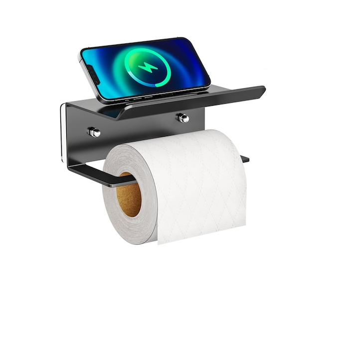 SWTYMIKI WC papír tartó, falra szerelhető, telefonpolccal, fekete. 16,5 cm