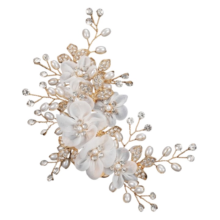 Аксесоар за коса подходящ за сватба, булка, гребен/фиби във формата на цвете, 7х16 см, бял цвят