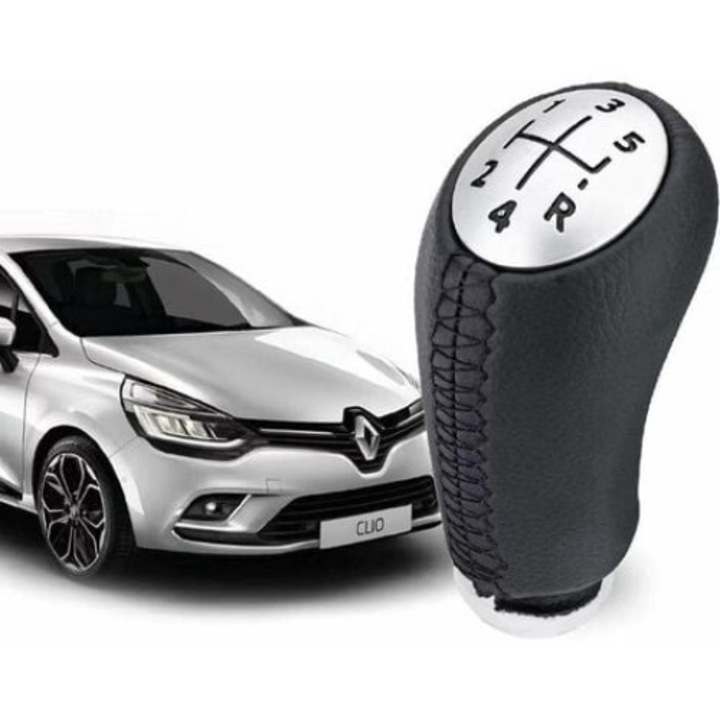 Tovbmup sebességváltó kar, bőr, 5 sebességes, fekete, krómozott, 5x11,5 cm, kompatibilis Renault Clio, Megane, Laguna, Scenic, Kangoo