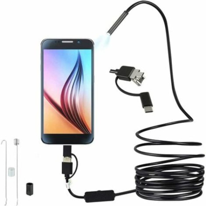 Ендоскоп 3 в 1 USB 5,5 mm ултра тънък бороскоп HD инспекционна камера с 6 регулируеми светодиода IP67 Водоустойчив змийски кабел Съвместим с Android Window Tablet (5M) Cisea UNOIU