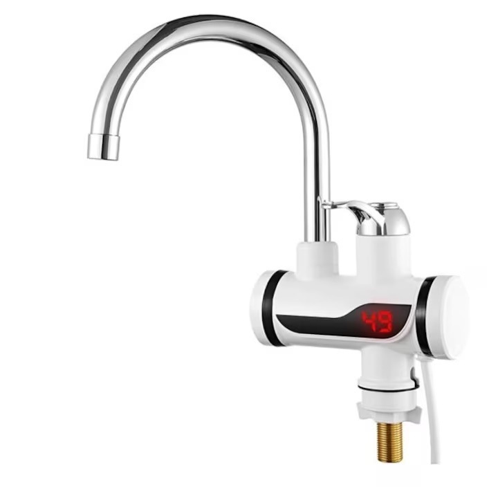 Azonnali elektromos csaptelep Z110, Vízmelegítéshez, LED kijelző, vízmelegítés 3-5 másodperc, állítható hőmérséklet, teljesítmény 3000 W, feszültség 220 V, mosogató rögzítés, Fehér, fekete fogantyúval