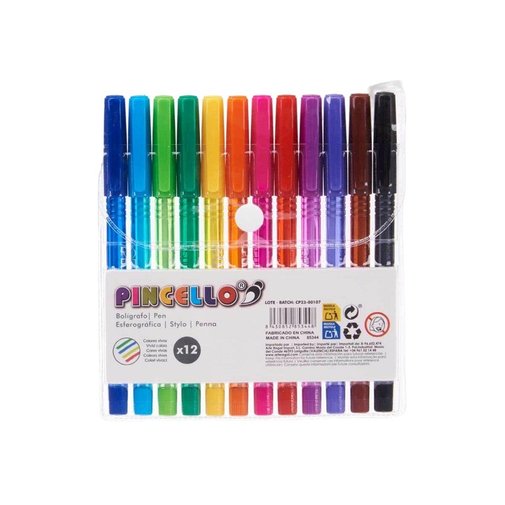Комплект от 12 цветни химикалки, Pincello Stylo, пластмасови, многоцветни