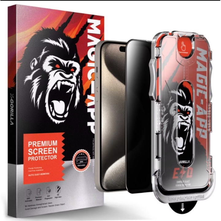 2 db Privacy Glass fólia készlet, Biztonságos üveg, Kompatibilis iPhone 15 Plus / iPhone 16 Plus készülékekkel, Gorilla X egyszerű telepítés EASYAPP poreltávolító eszközzel, Karcolásgátló, Ujjlenyomat mentes, robbanásgátló, ütésálló, olajmentes, Sötétítés