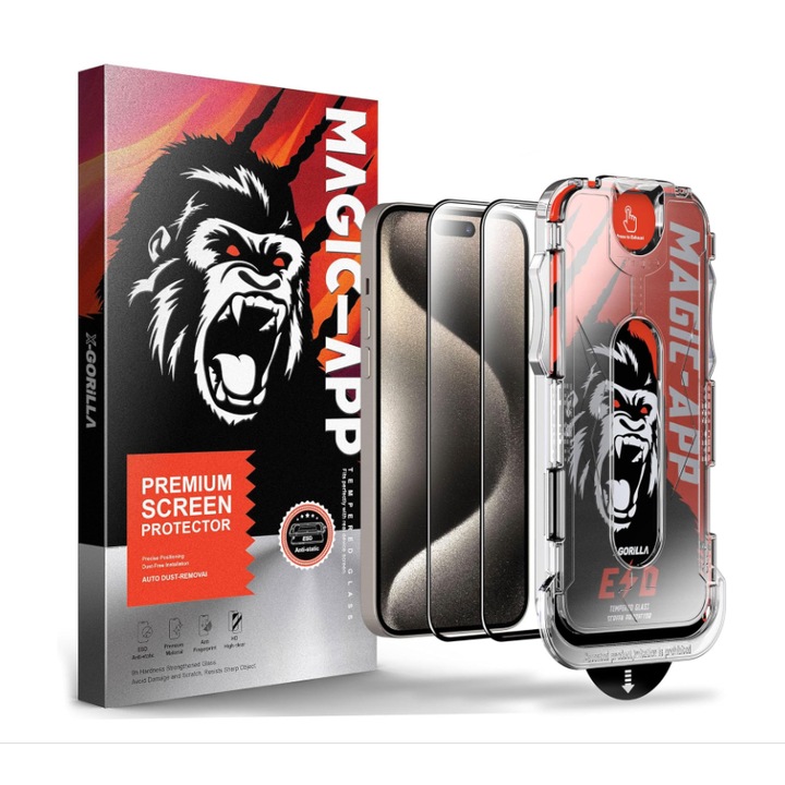 Комплект от 2 Gorilla X Privacy Glass фолиа, защитено стъкло, съвместимо с iPhone 15 Pro Max, лесна инсталация с устройство EASYAPP за отстраняване на прах, против надраскване, против пръстови отпечатъци, против удар, против, против отблясъци