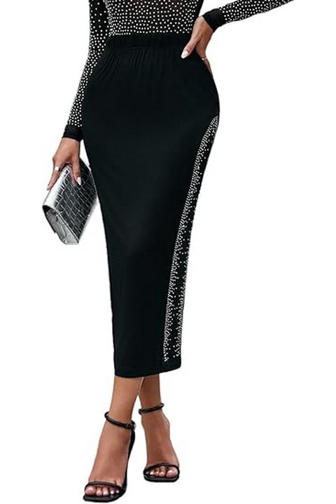 Fusta cu strasuri din plasa dama, negru, Hesuuio, Negru