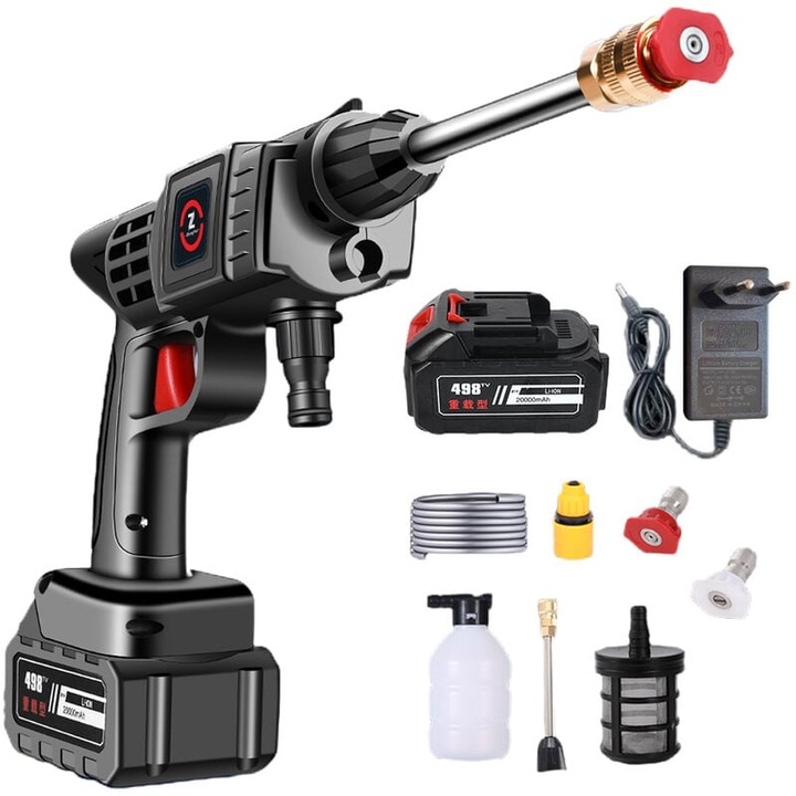 Tovbmup nyomású vízmosó pisztoly, 200W, 2000 RPM, 21V 10000mAh akkumulátor, 50 Bar, autóhoz és kerthez