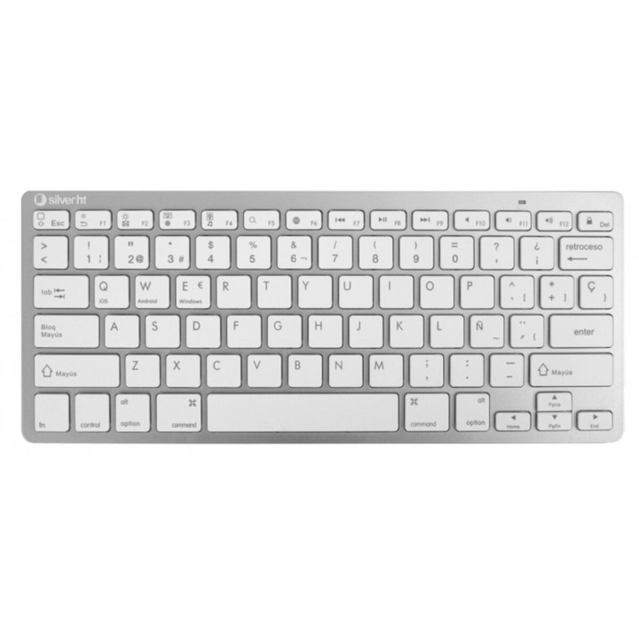 Tastatura Silver HT, Mini Qwerty, Bluetooth, Argintiu/Alb