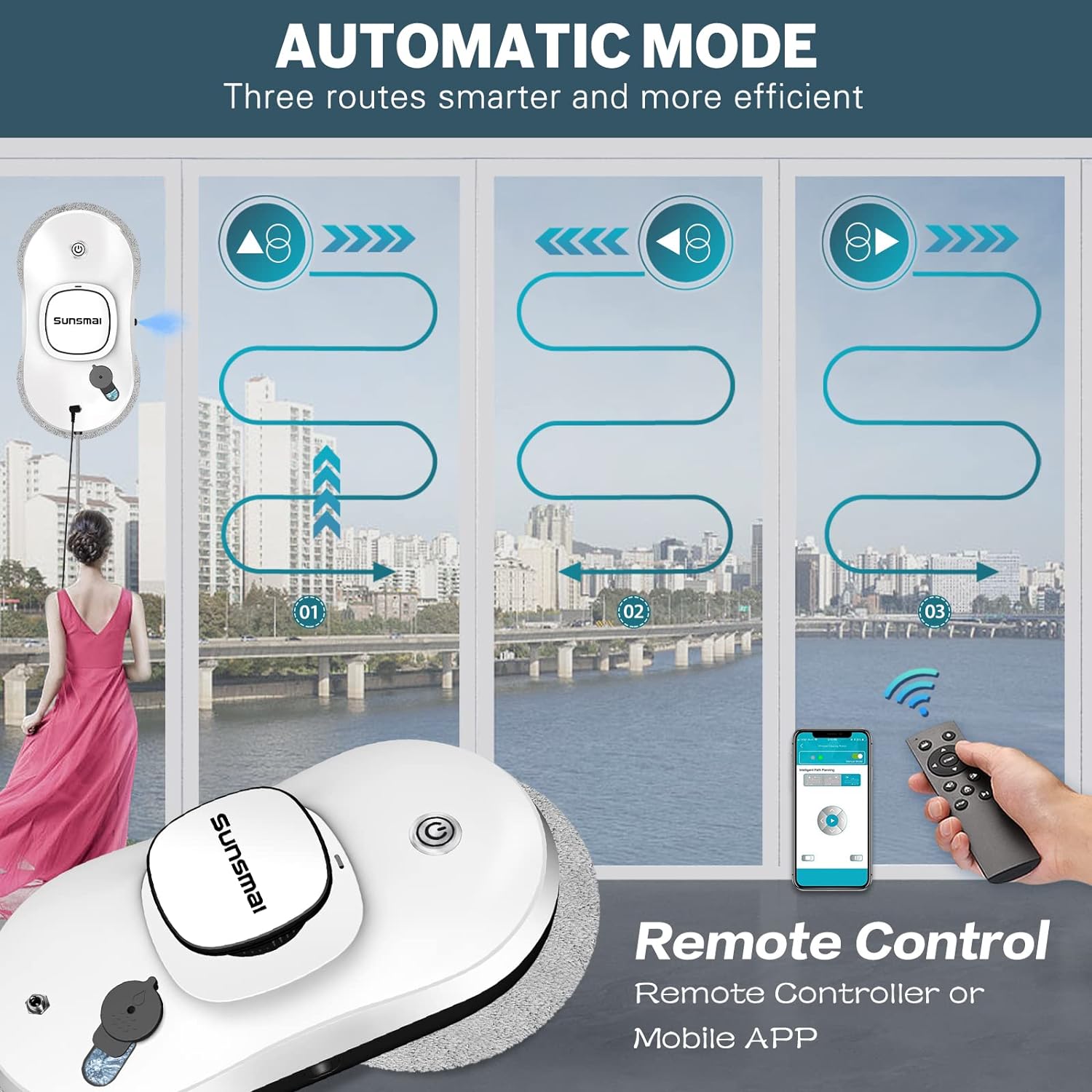 Robot curatare geamuri cu pulverizator, cu telecomanda si control prin aplicatie, 6 lavete de rezerva, putere suctiune 2500 Pa, UPS incorporat, cablu de 4 m, cu fir de siguranta, alb