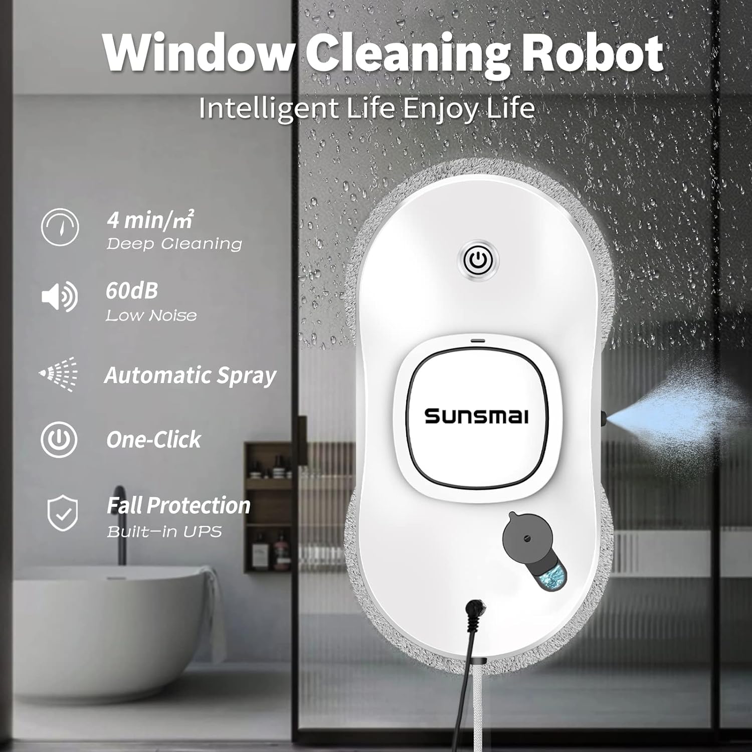 Robot curatare geamuri cu pulverizator, cu telecomanda si control prin aplicatie, 6 lavete de rezerva, putere suctiune 2500 Pa, UPS incorporat, cablu de 4 m, cu fir de siguranta, alb