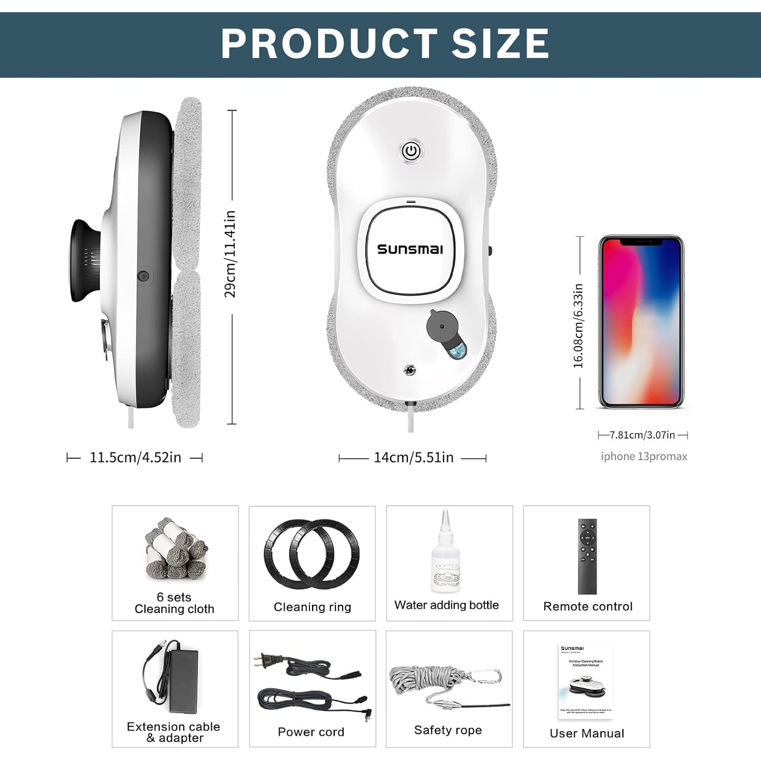 Robot curatare geamuri cu pulverizator, cu telecomanda si control prin aplicatie, 6 lavete de rezerva, putere suctiune 2500 Pa, UPS incorporat, cablu de 4 m, cu fir de siguranta, alb