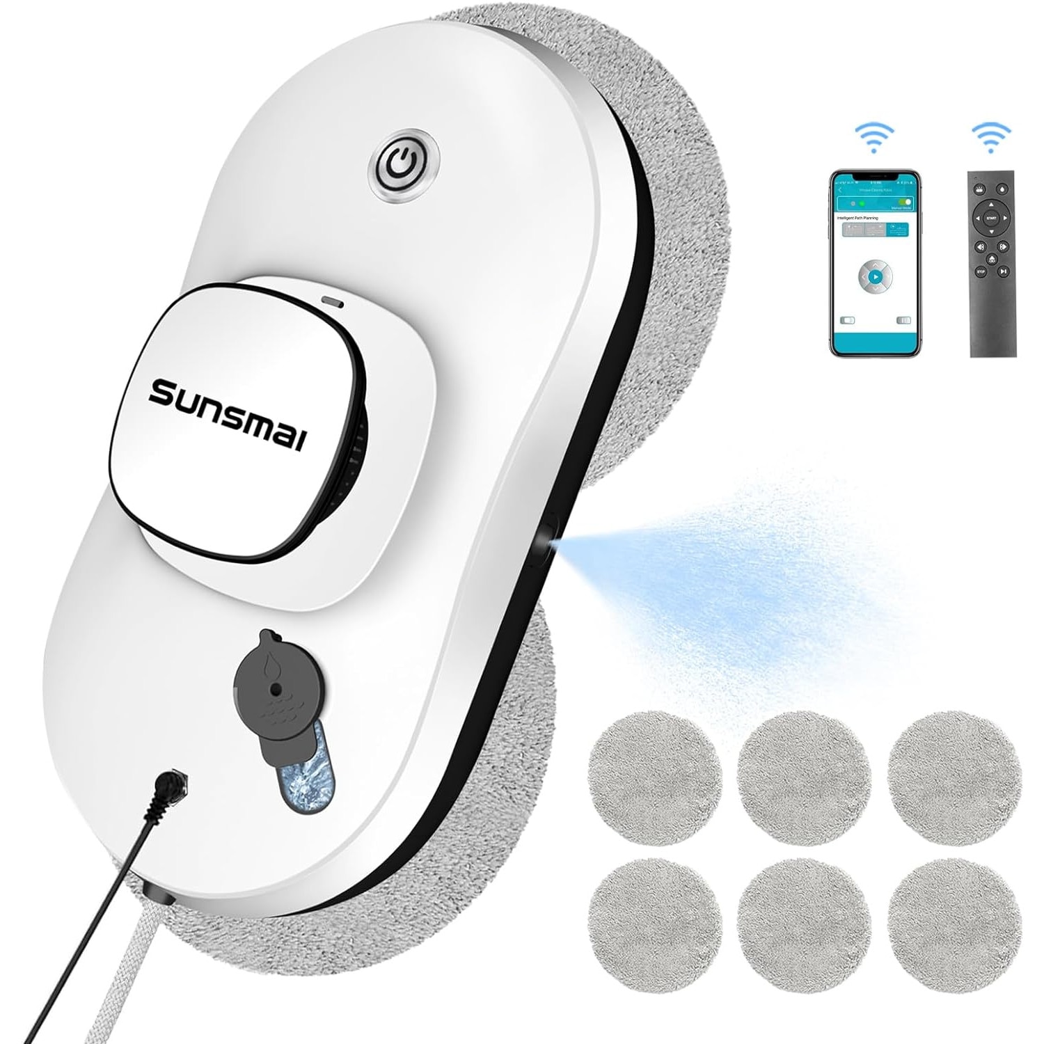 Robot curatare geamuri cu pulverizator, cu telecomanda si control prin aplicatie, 6 lavete de rezerva, putere suctiune 2500 Pa, UPS incorporat, cablu de 4 m, cu fir de siguranta, alb