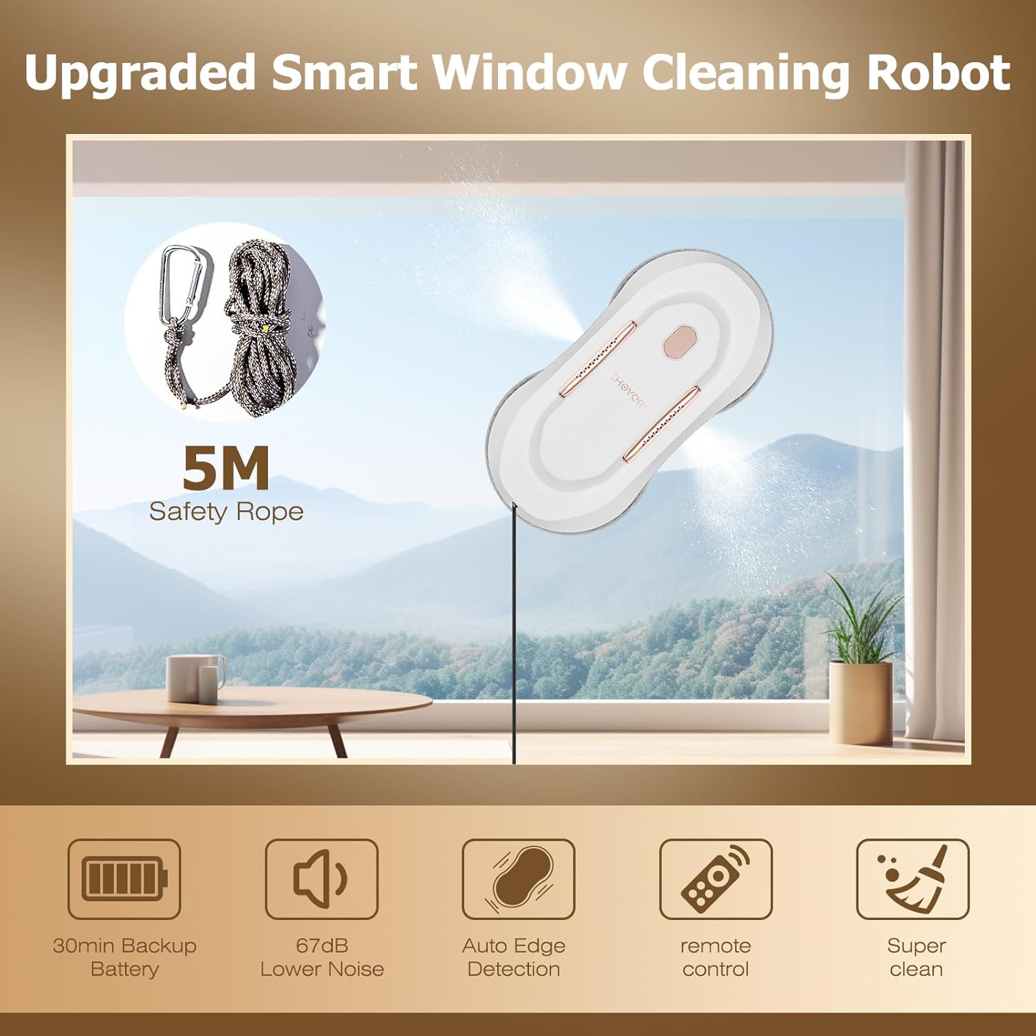 Robot curatare geamuri cu functie pulverizare dubla, cu telecomanda, autonom, 3 moduri curatare, putere suctiune reglabila automat 2700Pa-3300Pa, multisuprafete, alb