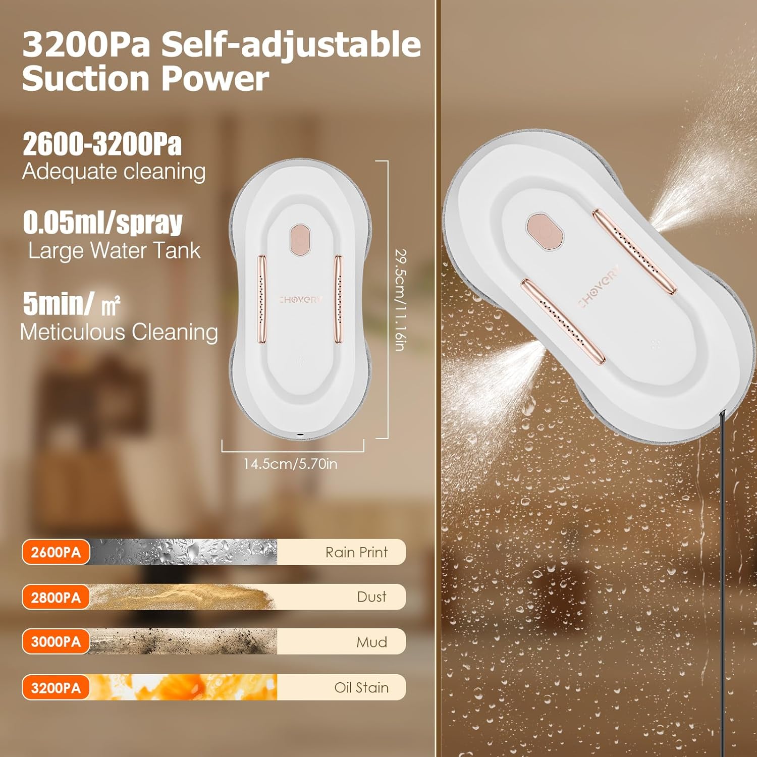 Robot curatare geamuri cu functie pulverizare dubla, cu telecomanda, autonom, 3 moduri curatare, putere suctiune reglabila automat 2700Pa-3300Pa, multisuprafete, alb