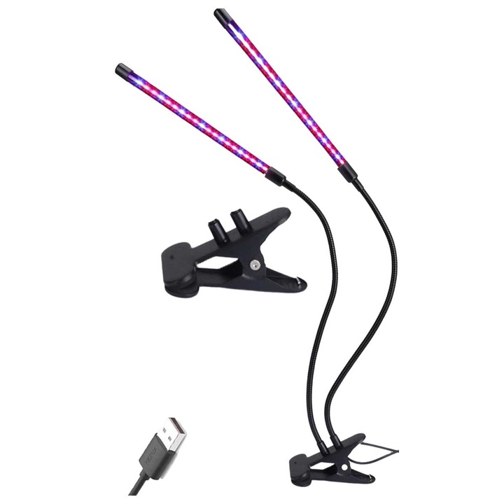Lampa LED pentru plante, Heckermann, 2 capete flexibile, spectru 380-720nm, 18W