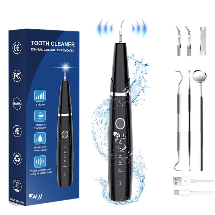 Ултразвуково уред за премахване на зъбен камък и плака iBLU smart, 5 регулируеми интензитета за почистване на зъбите, 3 глави за почистване на зъбите и огледало в комплекта, Мощна LED светлина, Преносим и акумулаторен, Безшумен, 92 г, Черен