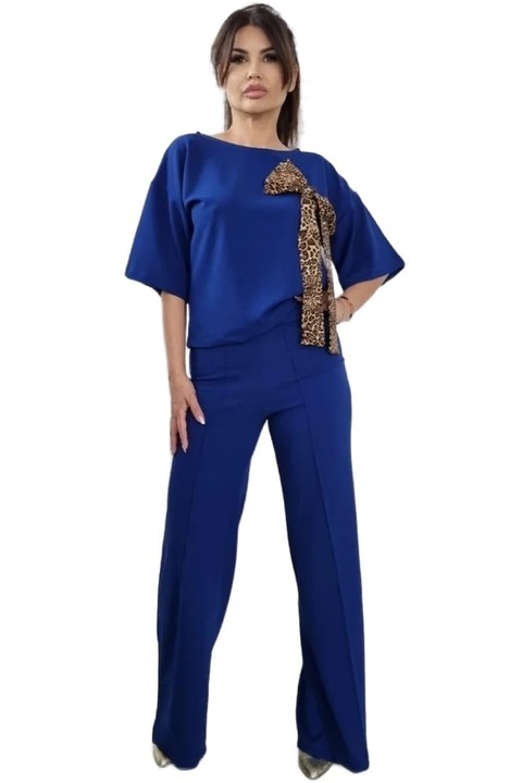 Дамски комплект от еластичен креп Carly от 2 части с панталон и блуза, Тъмносин