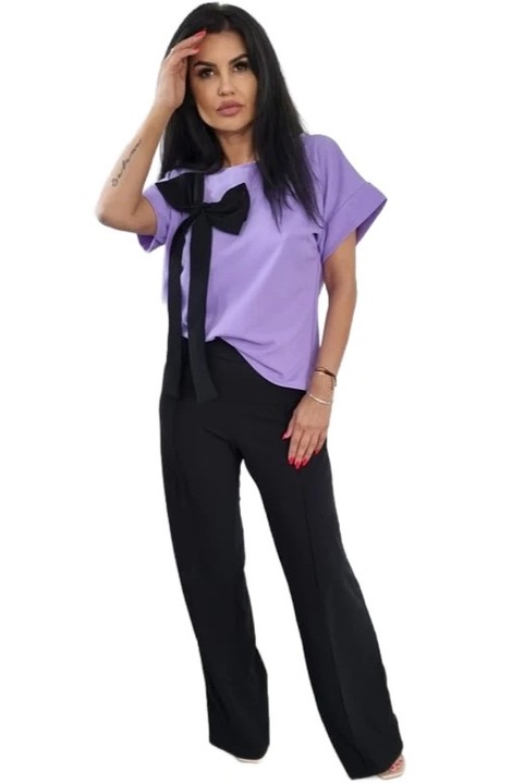 Дамски комплект Carly от 2 части с дълъг панталон и блуза с къс ръкав, Черен/Лилав