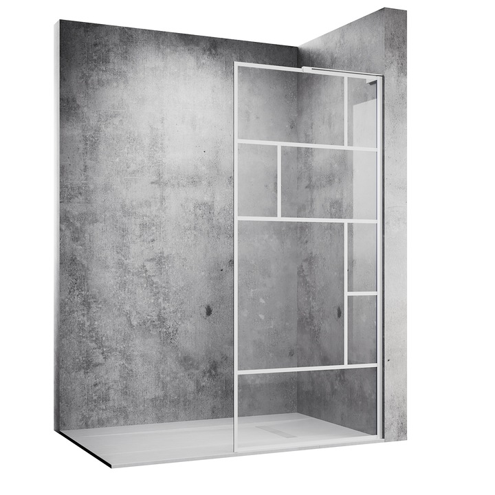 Paravan de dus, Walk-in, Stil cadru alb, Suport L reglabil latime, 90x200 cm