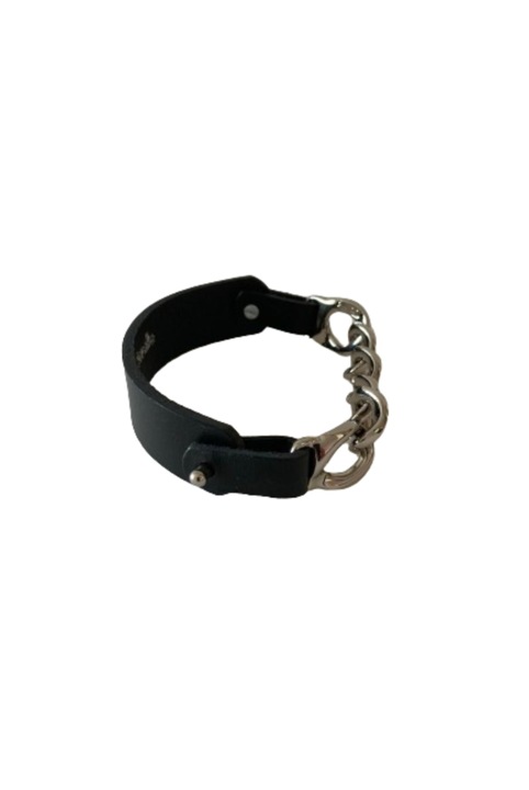 Bratara handmade din piele naturala, culoare neagra, Le Sorelle, accesoriu lant metalic argintiu