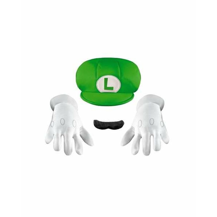 Set 4 accesorii pentru costum carnaval, BigBuy Carnival, Luigi Super Mario, Manusi, Sapca, Mustata, Multicolor