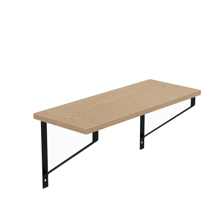 Raft de perete suspendat AKKE model GINO-II, cu cadru metalic negru si polita stil industrial, culoare stejar deschis, 80x20 cm, pentru living, birou, dormitor, include kit montaj