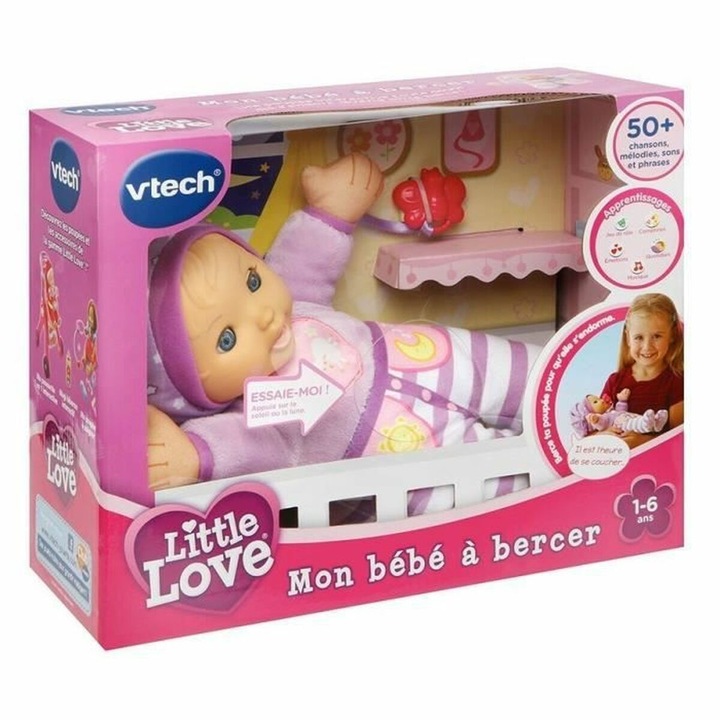 Papusa interactiva Vtech Mon bebe a bercer, pentru bebelusi, 2 baterii, galben
