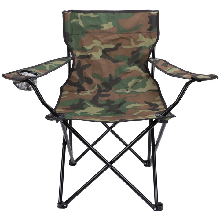 Scaun camping, Heckermann, Poliester 600D, Cadru otel, Antiderapant, Pliabil, Sarcina maxima 120 kg, 50x81cm, Camuflaj