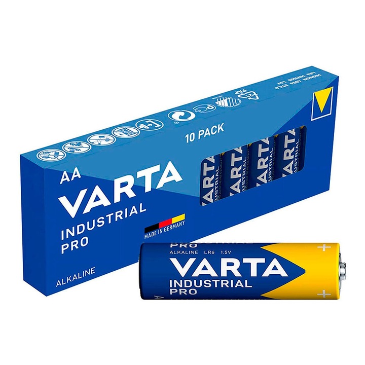 Set 10 baterii Varta Industrial Pro AA LR06, alcaline, 1.5V, 14.5x50.5mm