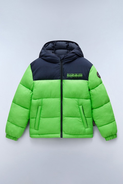 Napapijri, Geaca cu logo si gluga Hornelen, Verde/Bleumarin, 152 CM