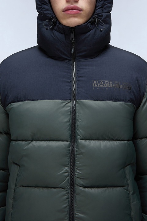 Napapijri, Hornelen bélelt és steppelt télikabát kapucnival, Zöld/Tengerészkék