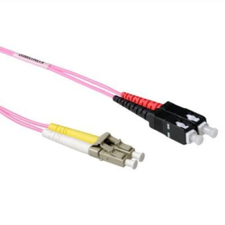 Cablu fibra optica ACT, Multimode OM4, duplex, conectori LC-SC, 7m, roz