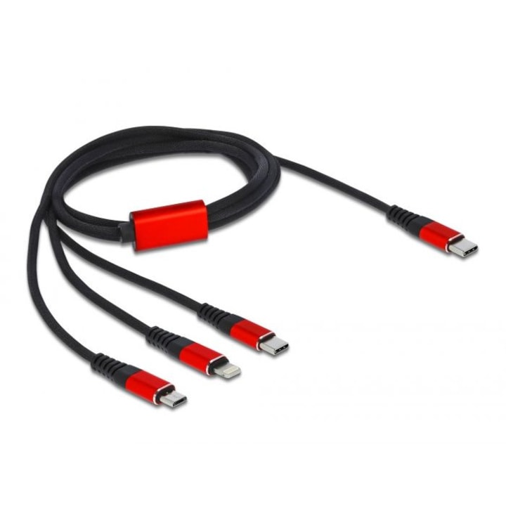 Cablu de incarcare 3in1 DeLock Type-C la Lightning/MicroUSB/Type-C 1m Negru/Rosu
