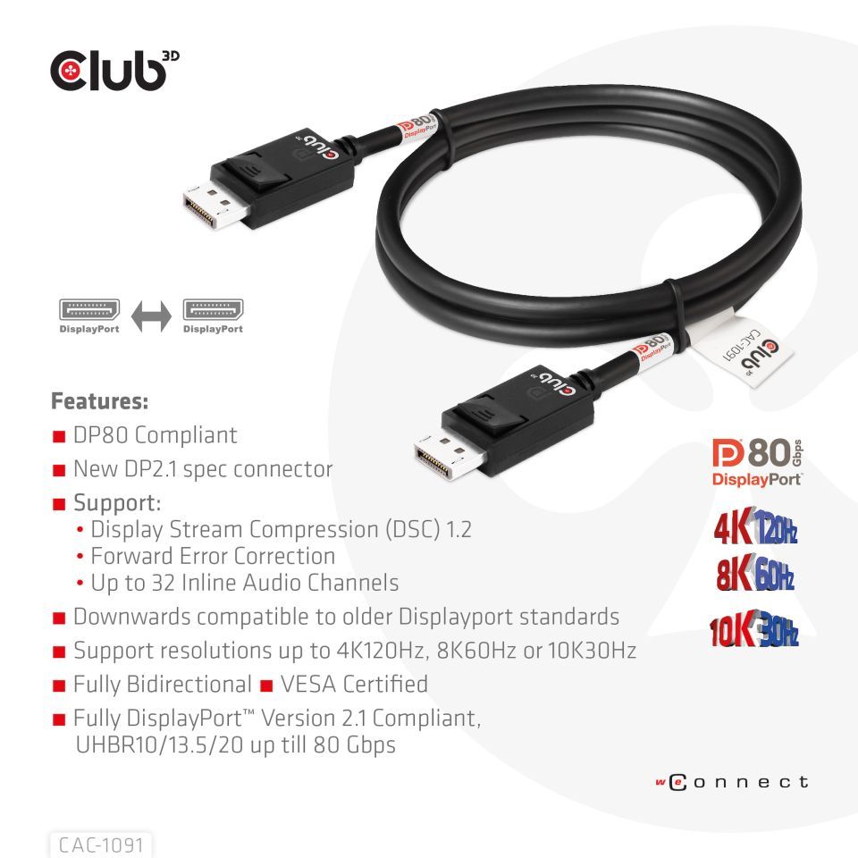 Cablu Club3D DisplayPort 2.1 bidirectional VESA DP80 certificat