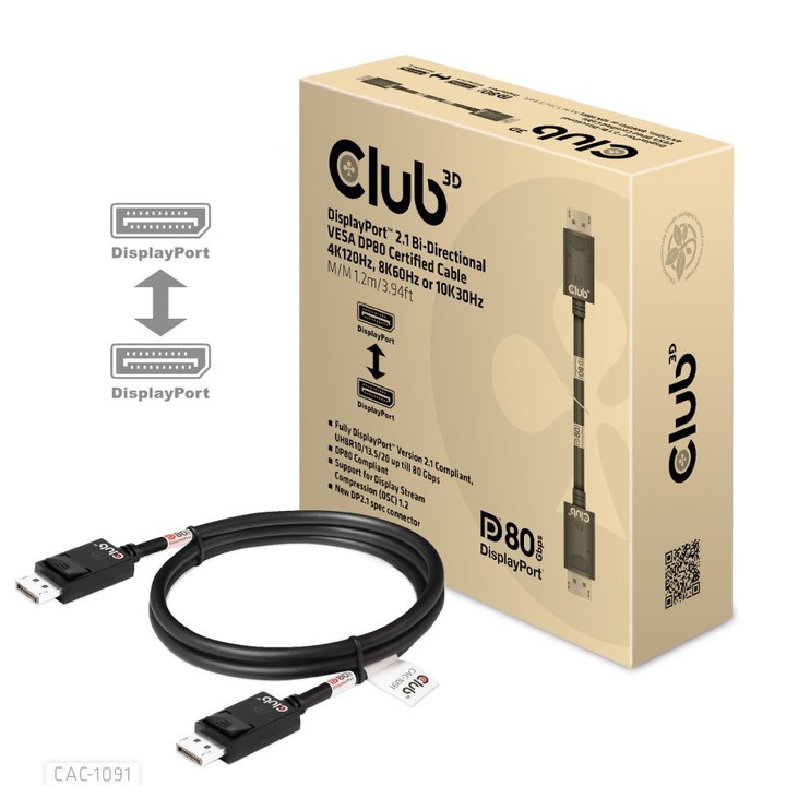 Видео кабел CLUB3D DisplayPort 2.1 двупосочен VESA DP80, 4K120Hz 8K60Hz 10K30Hz, 1.2m, черен