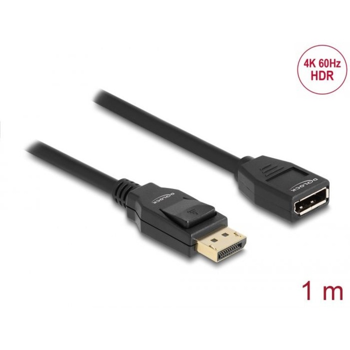 Cablu prelungitor DeLock DisplayPort 1.2 mascul/famale 4K 1m negru, 224615, cablu