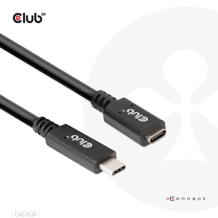 Club3D USB Gen1 Type-C Extension cable 1m Black, 222456, Kábel