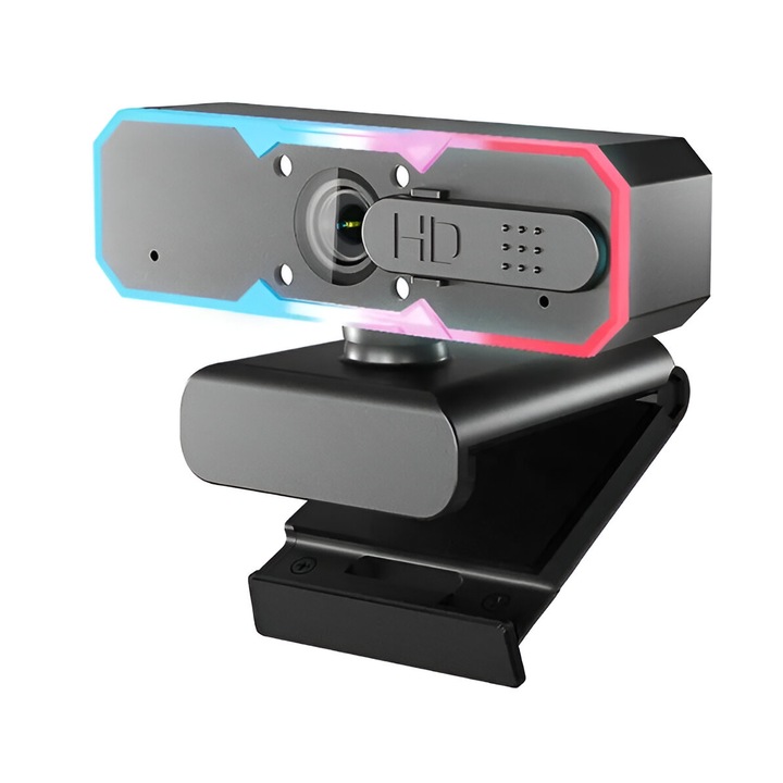Уеб камера за игри, FULL HD, 60 fps стрийминг на живо, автофокус за компютър, RGB светлини, двоен стерео микрофон с намаляване на шума, черен